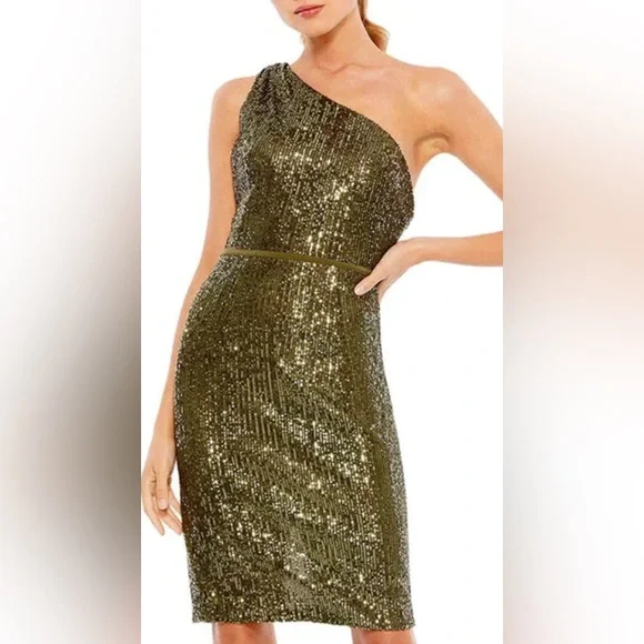 MAC DUGGAL SZ 4 OLIVE SEQUENCED ONE SHOULDER MIDI DRESS. NWT - Picture 1 of 4